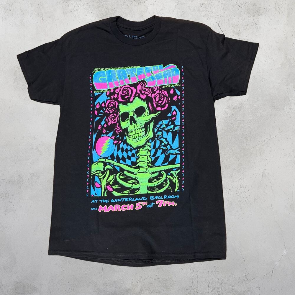 💀 Grateful Dead Rock Band Tee Neon Skeleton Roses Black Graphic Tee Medium 🌹